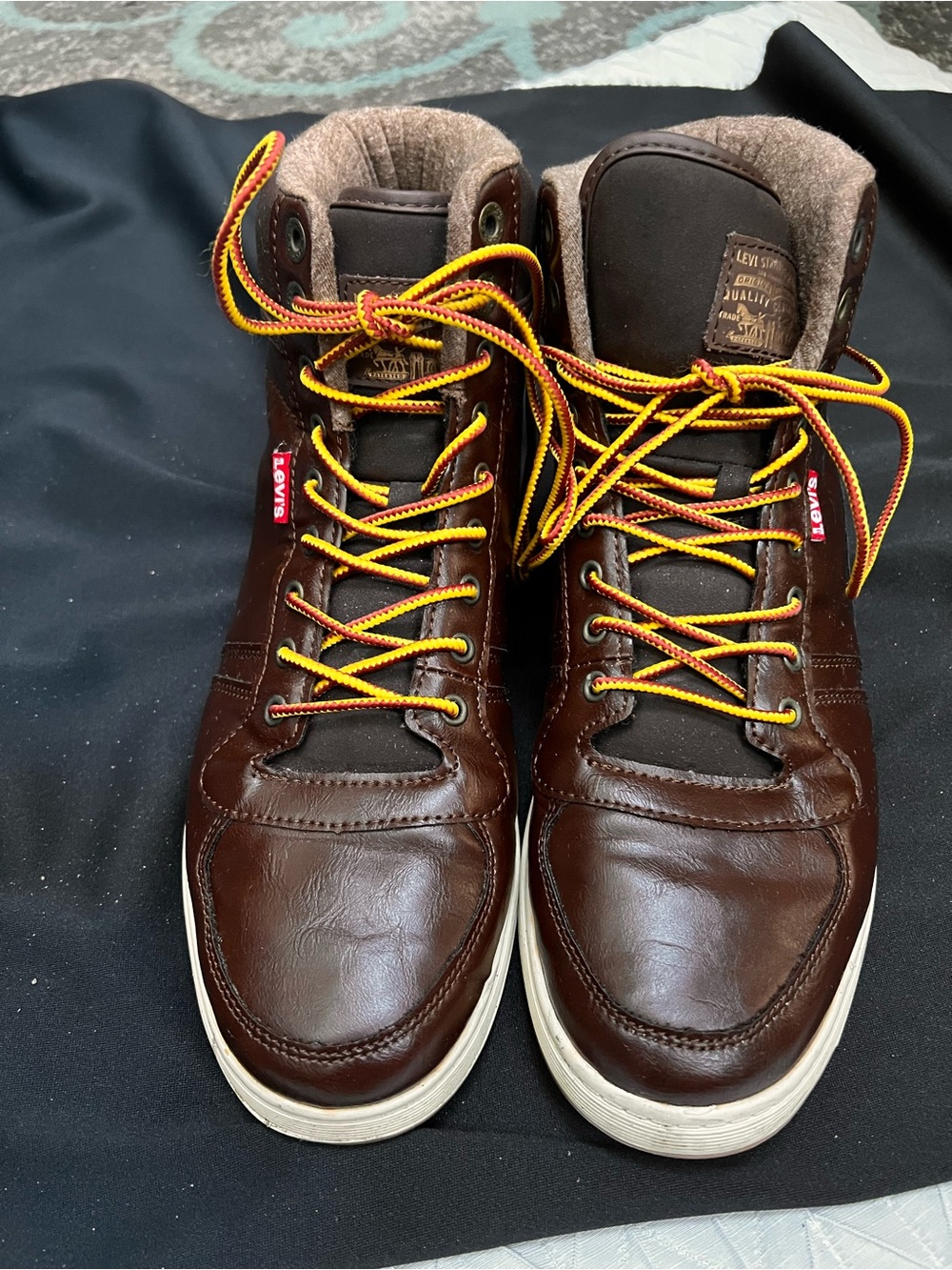 Levi's Men's Dark Brown Leather High-Top Boots with Yellow-Red Laces